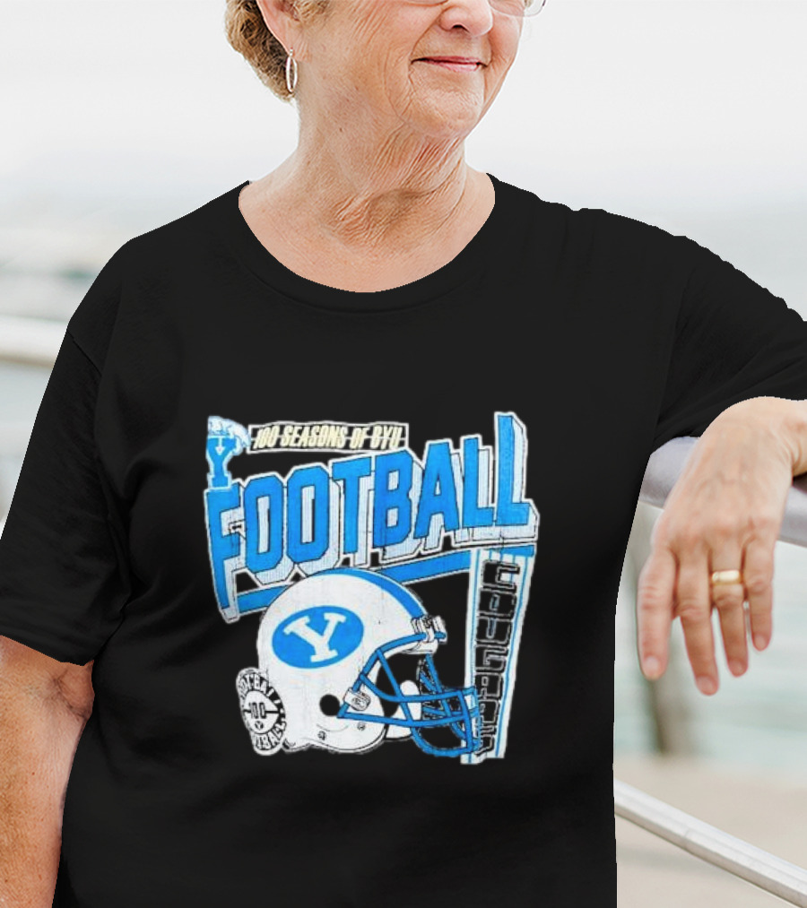 100 Seasons Of BYU Football Cougars Helmet Royal Army Brand T-Shirt