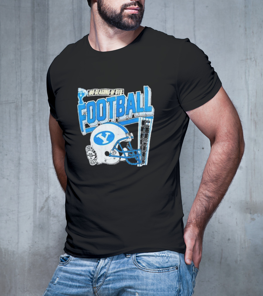 100 Seasons Of BYU Football Cougars Helmet Royal Army Brand T-Shirt