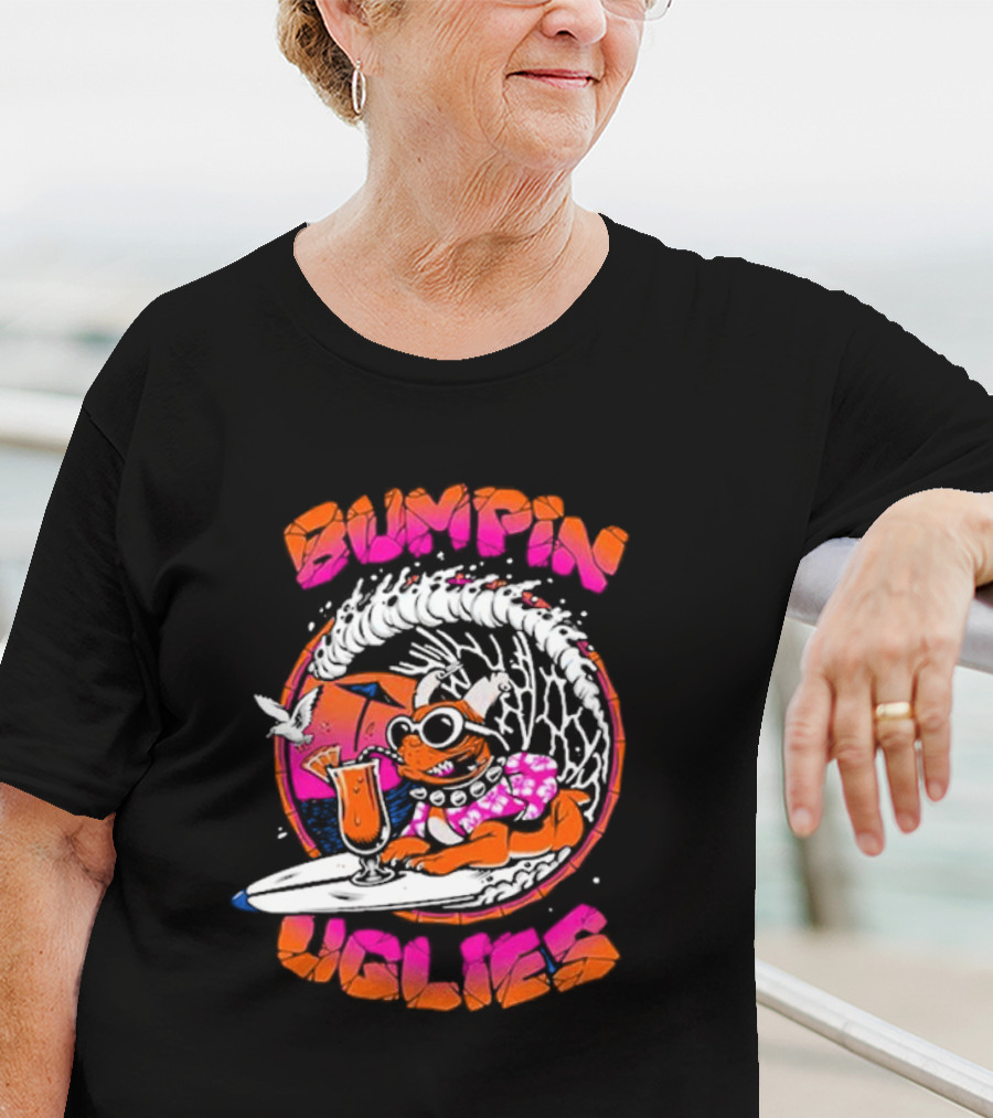 Bumpin Uglies Pug Riding Surf Wave With Cocktail And Sunglasses T-Shirt