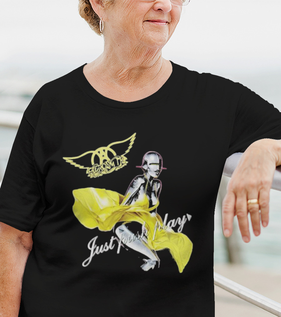 Aerosmith Just Push Play Logo With Futuristic Figure And Yellow Dress T-Shirt