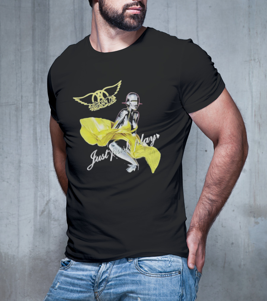 Aerosmith Just Push Play Logo With Futuristic Figure And Yellow Dress T-Shirt