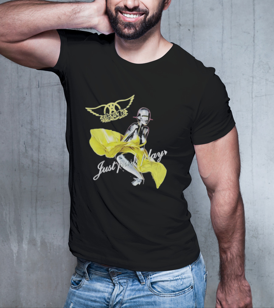 Aerosmith Just Push Play Logo With Futuristic Figure And Yellow Dress T-Shirt