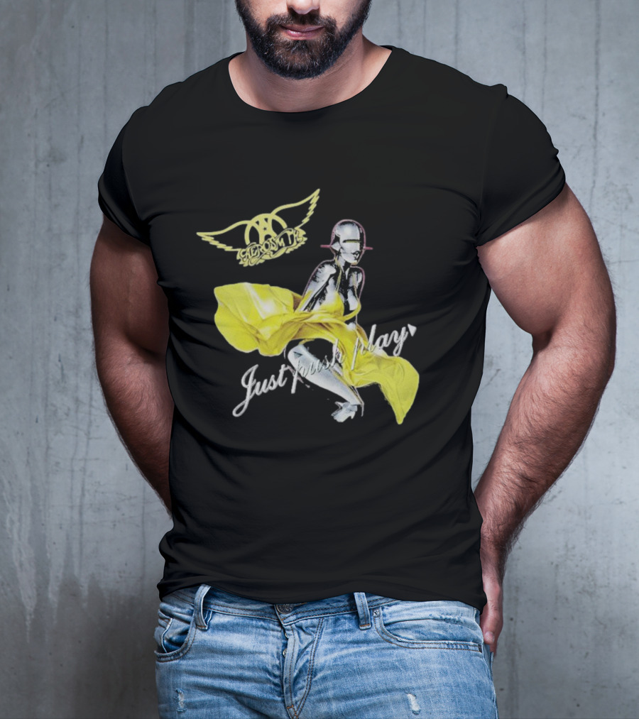 Aerosmith Just Push Play Logo With Futuristic Figure And Yellow Dress T-Shirt