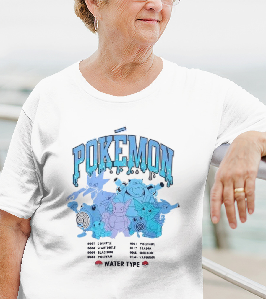 POKEMON Water Type Squirtle Wartortle Blastoise Poliwag Psyduck Golduck Poliwhirl Seadra Vaporeon T-Shirt