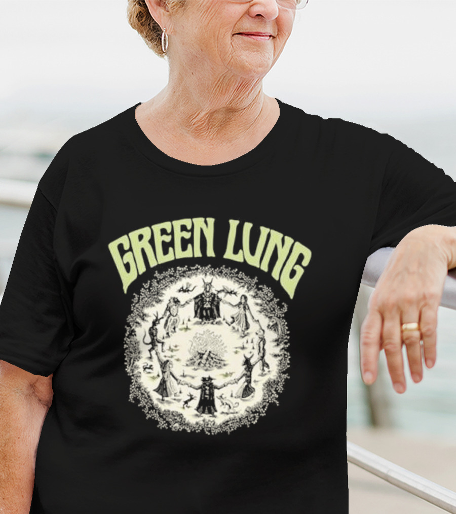Green Lung Mystic Circle Ritual Scene With Figures And Central Fire T-Shirt