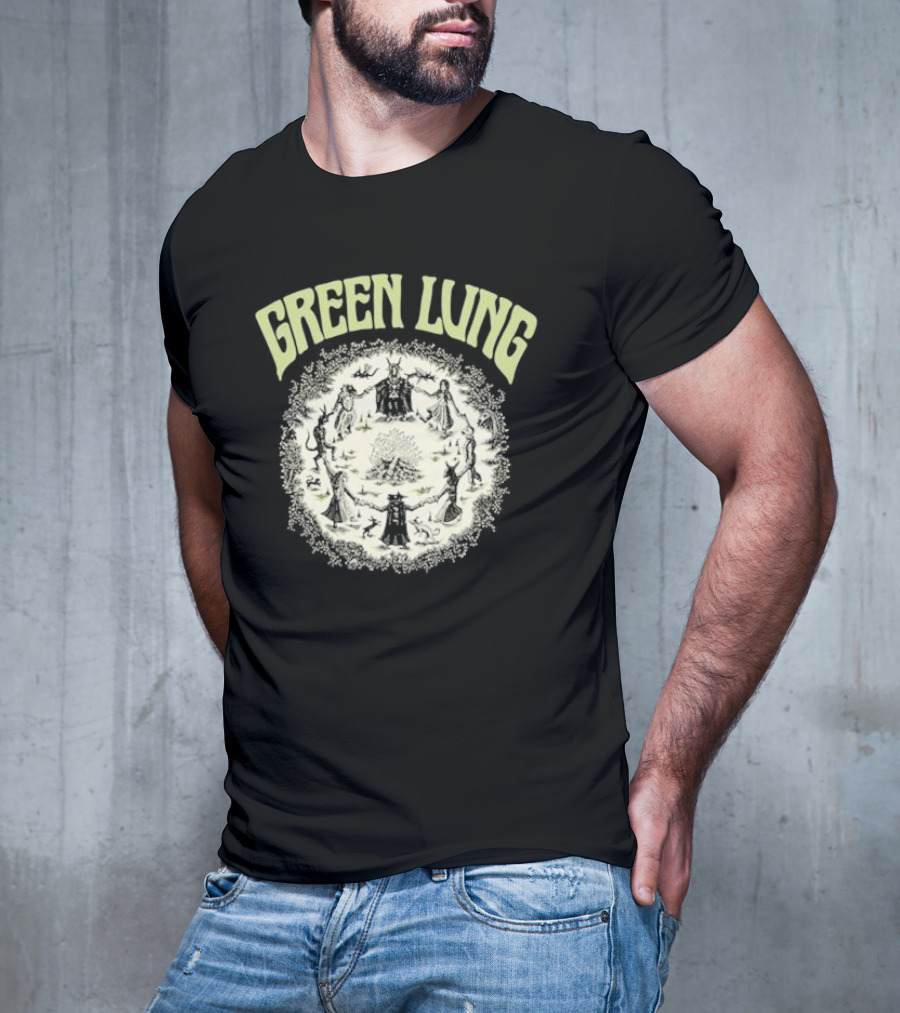 Green Lung Mystic Circle Ritual Scene With Figures And Central Fire T-Shirt