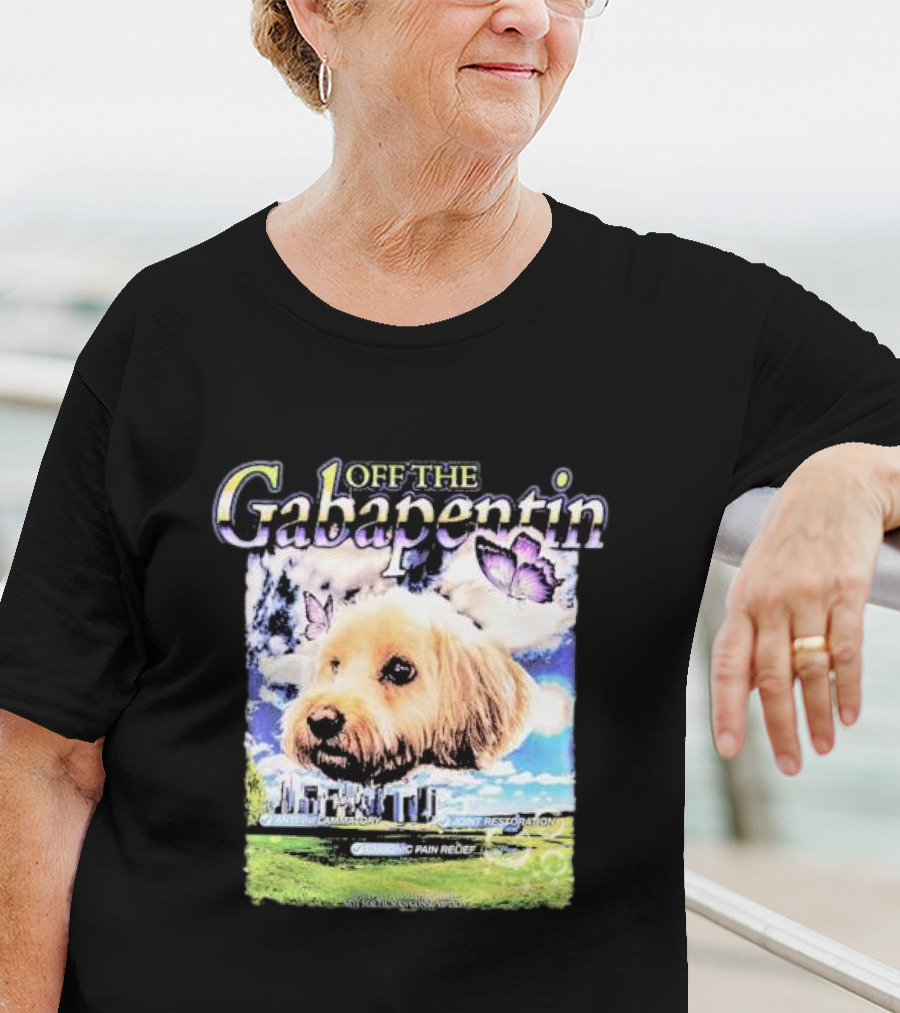 Off The Gabapentin Dog Floating Above Clouds And Stonehenge With Butterflies T-Shirt