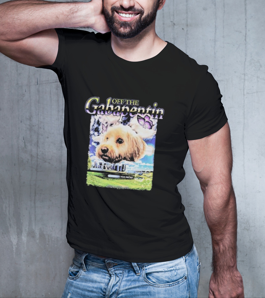 Off The Gabapentin Dog Floating Above Clouds And Stonehenge With Butterflies T-Shirt