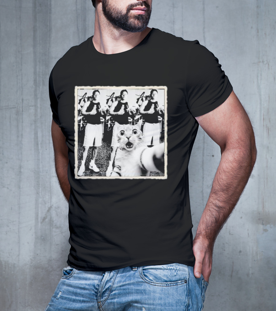 Cat Selfie With Taehyung Sasquatch And Cat Black And White Duplicate Thumbs Up T-Shirt