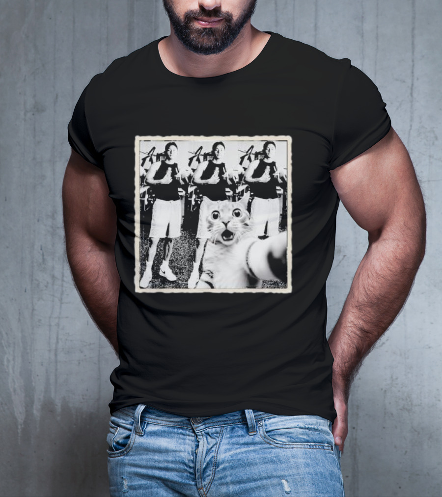 Cat Selfie With Taehyung Sasquatch And Cat Black And White Duplicate Thumbs Up T-Shirt