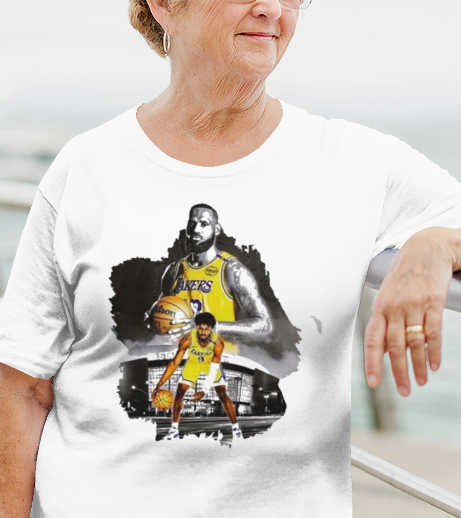 Lebron James Lakers Basketball Star In Action With Los Angeles Stadium Background T-Shirt