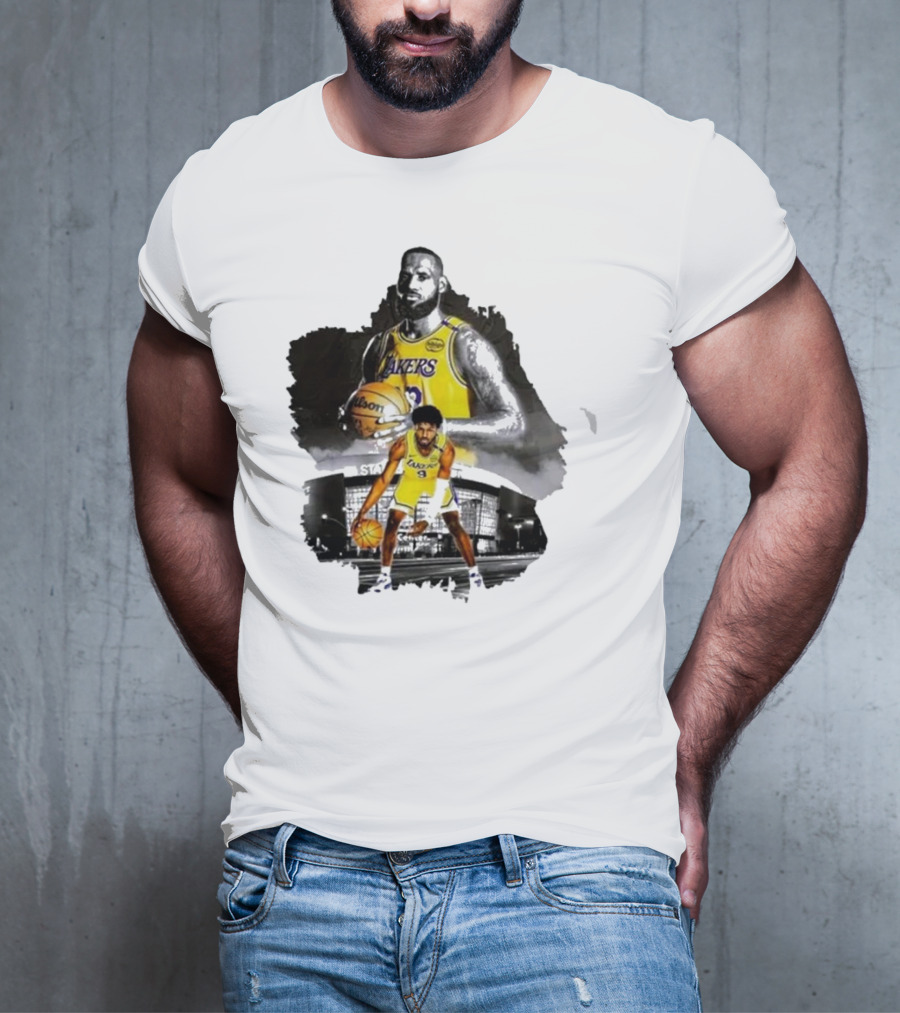 Lebron James Lakers Basketball Star In Action With Los Angeles Stadium Background T-Shirt