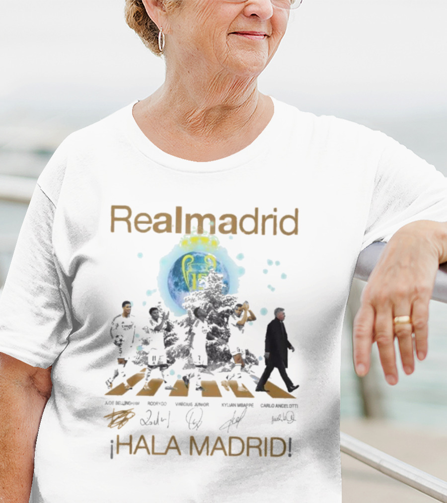 Real Madrid Hala Madrid Jude Bellingham Rodrygo Vinicius Junior Kylian Mbappe Carlo Ancelotti Signatures T-Shirt