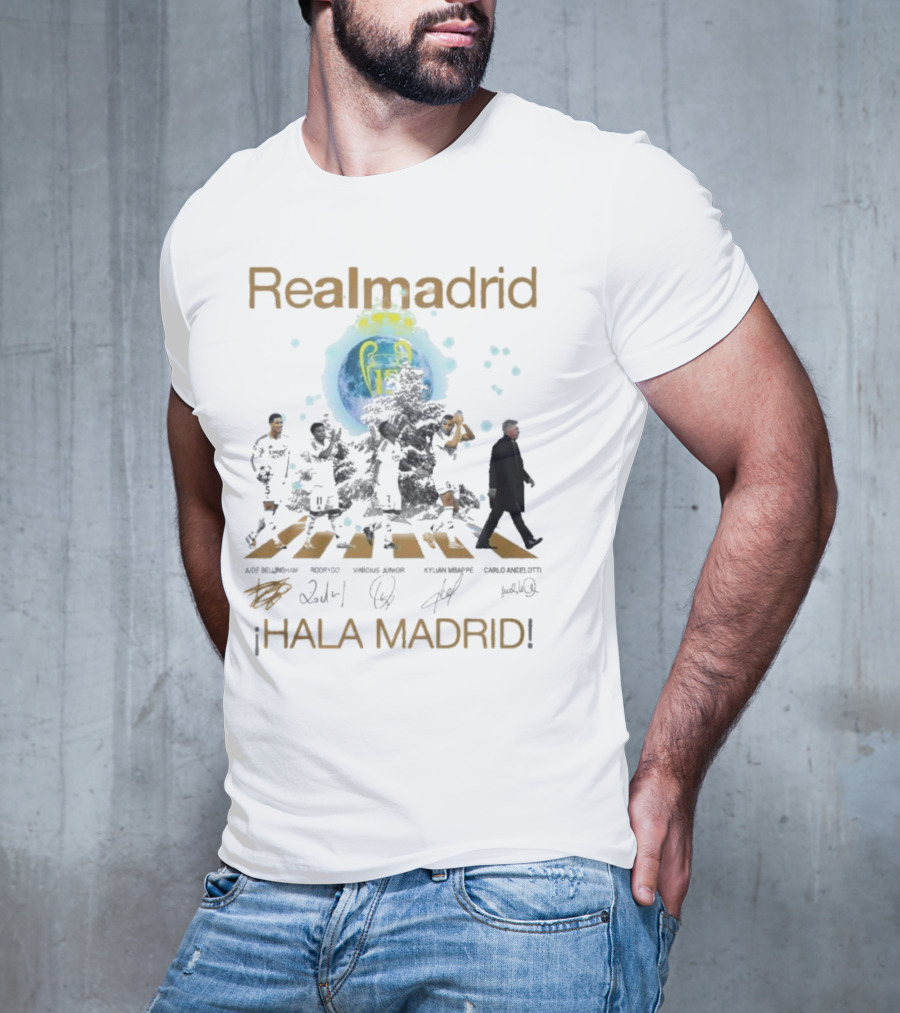 Real Madrid Hala Madrid Jude Bellingham Rodrygo Vinicius Junior Kylian Mbappe Carlo Ancelotti Signatures T-Shirt
