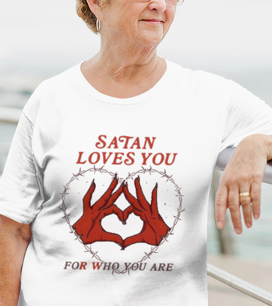 Satan Loves You For Who You Are Heart Hand Gesture Barbed Wire T-Shirt