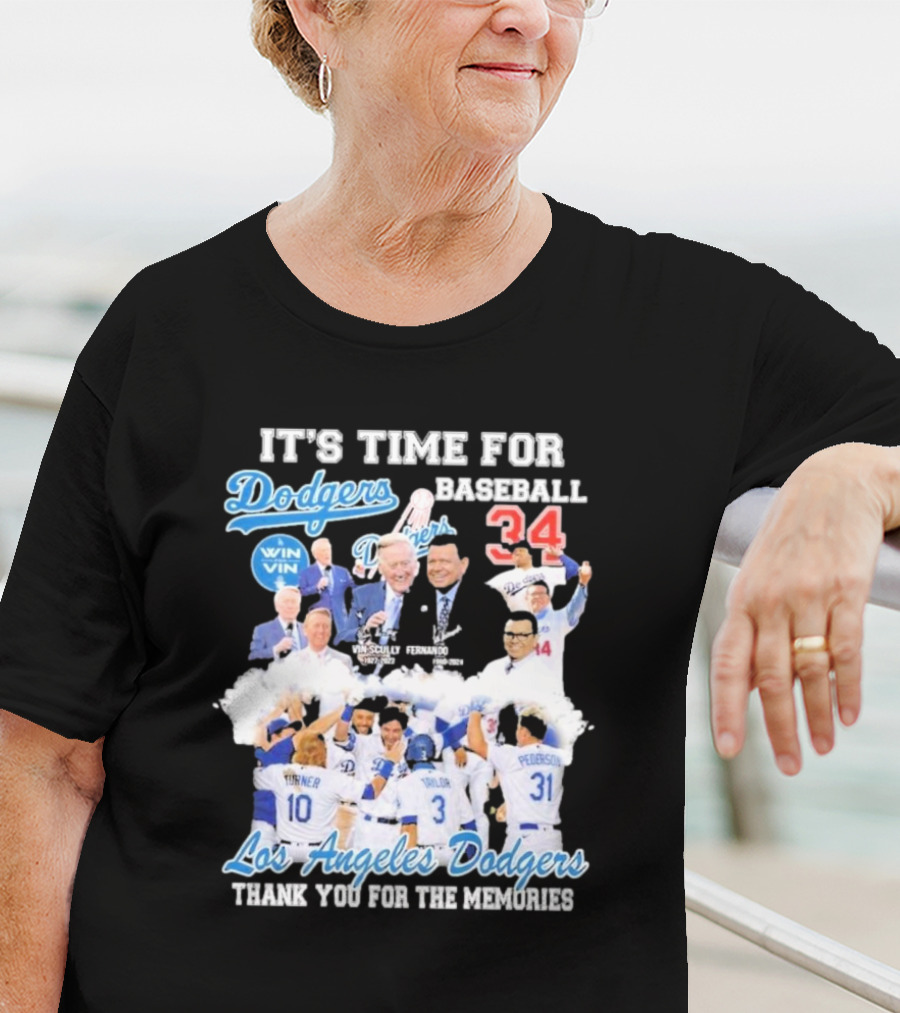 IT'S TIME FOR BASEBALL LOS ANGELES DODGERS VIN SCULLY FERNANDO VALENZUELA 34 THANK YOU FOR THE MEMORIES T-Shirt