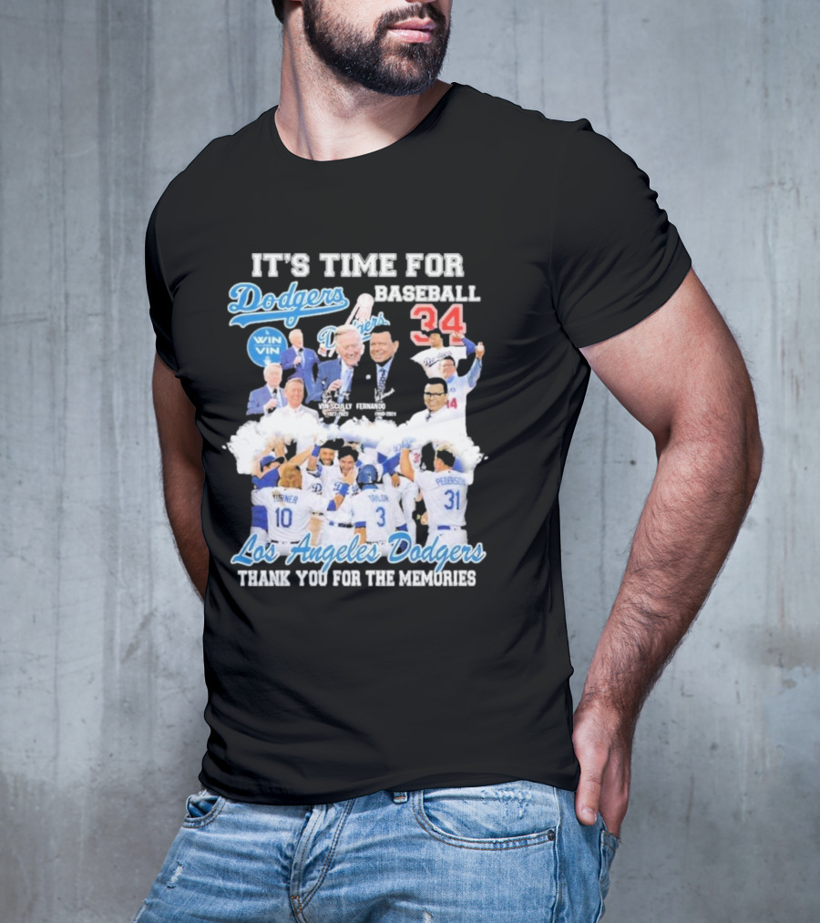 IT'S TIME FOR BASEBALL LOS ANGELES DODGERS VIN SCULLY FERNANDO VALENZUELA 34 THANK YOU FOR THE MEMORIES T-Shirt
