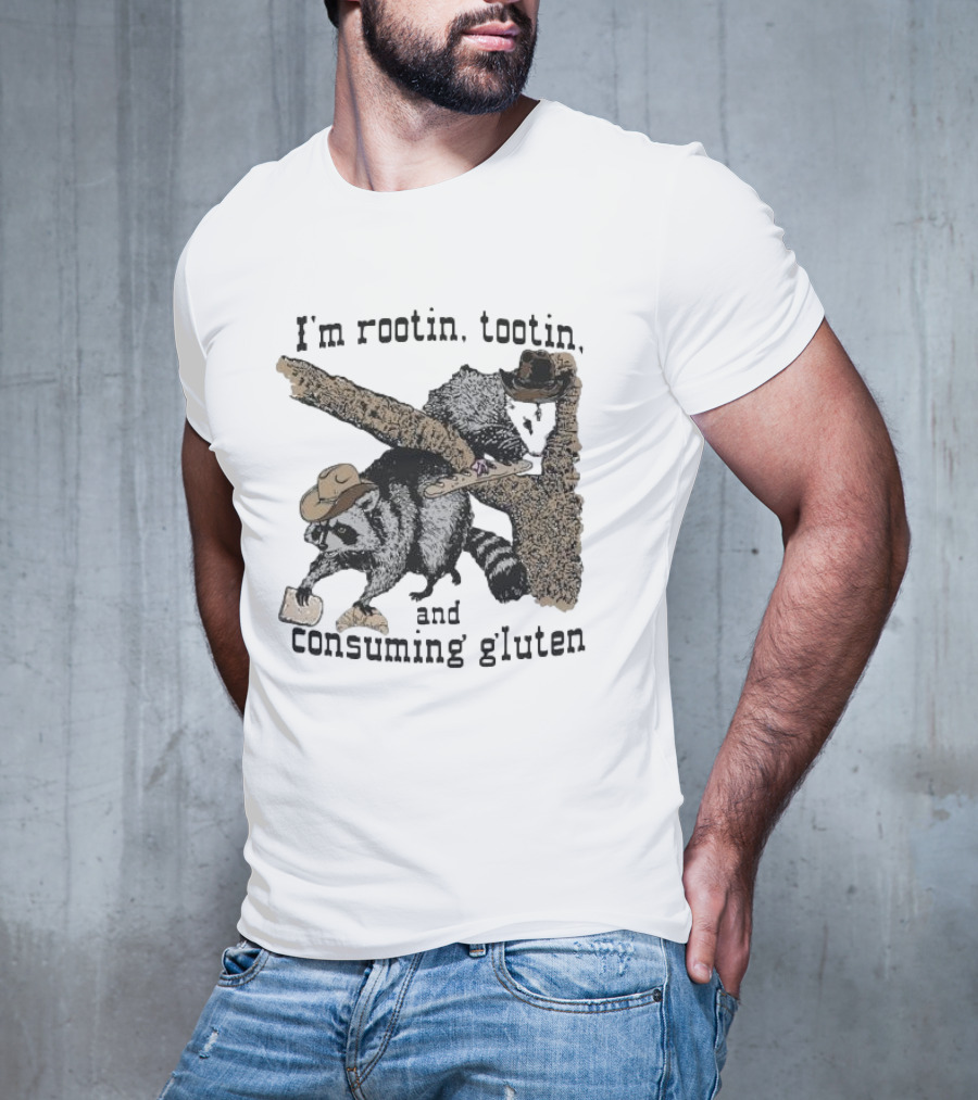 I'm Rootin Tootin Raccoon Duo Consuming Gluten In Cowboy Hats T-Shirt