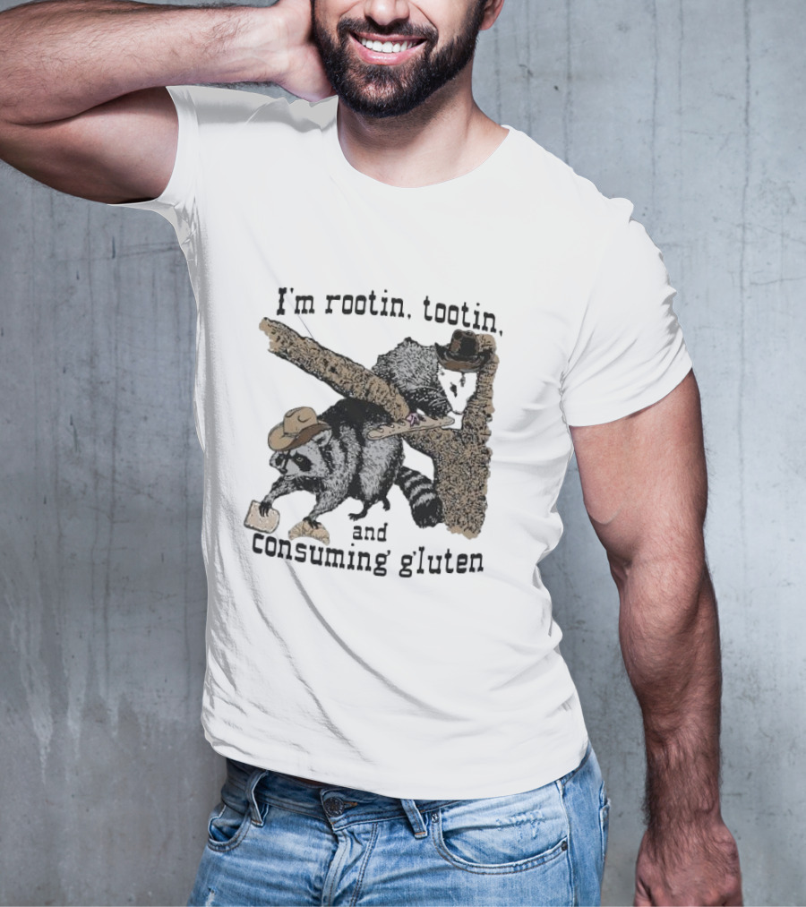 I'm Rootin Tootin Raccoon Duo Consuming Gluten In Cowboy Hats T-Shirt