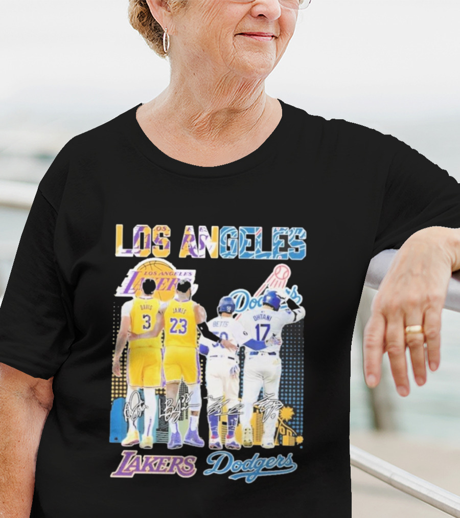 Los Angeles Lakers Dodgers LeBron James Anthony Davis Mookie Betts Freddie Freeman Signatures T-Shirt