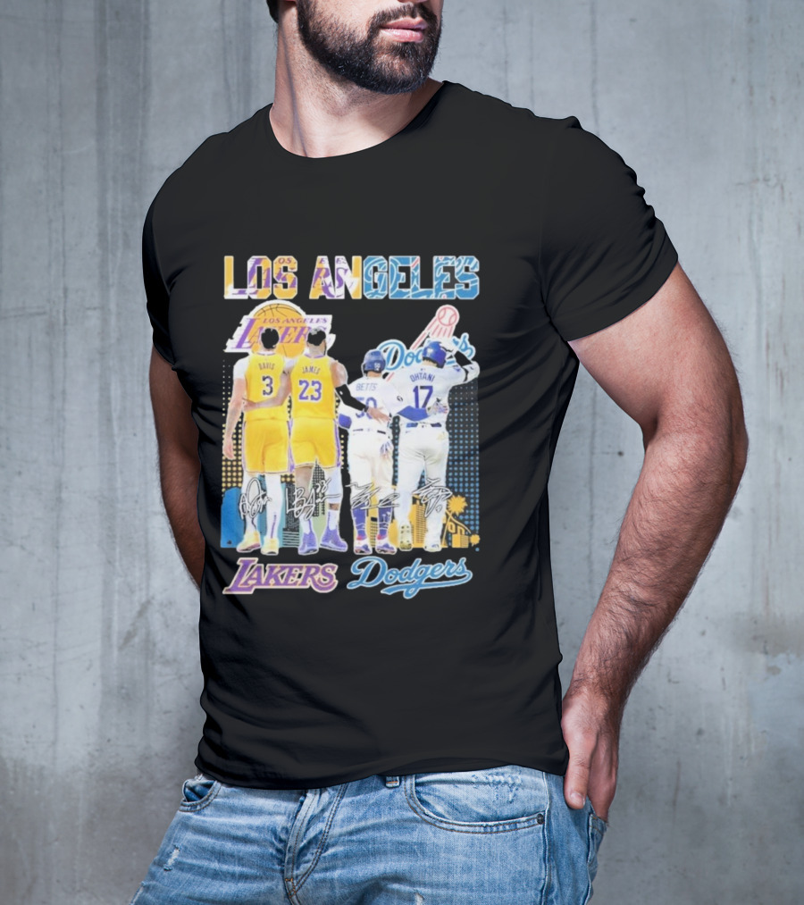 Los Angeles Lakers Dodgers LeBron James Anthony Davis Mookie Betts Freddie Freeman Signatures T-Shirt