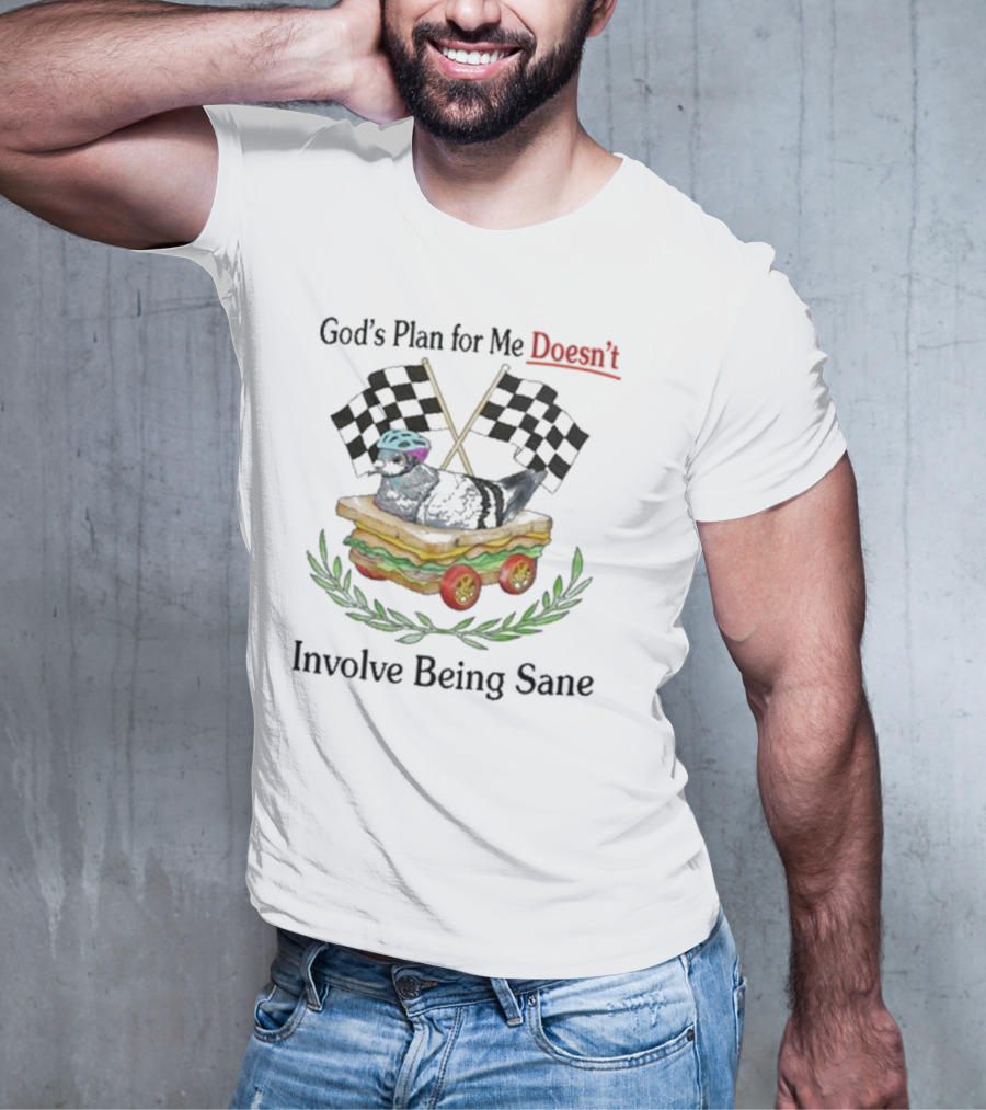 God's Plan For Me Doesn’t Involve Being Sane Pigeon Sandwich Racing Wheels Checkered Flags T-Shirt