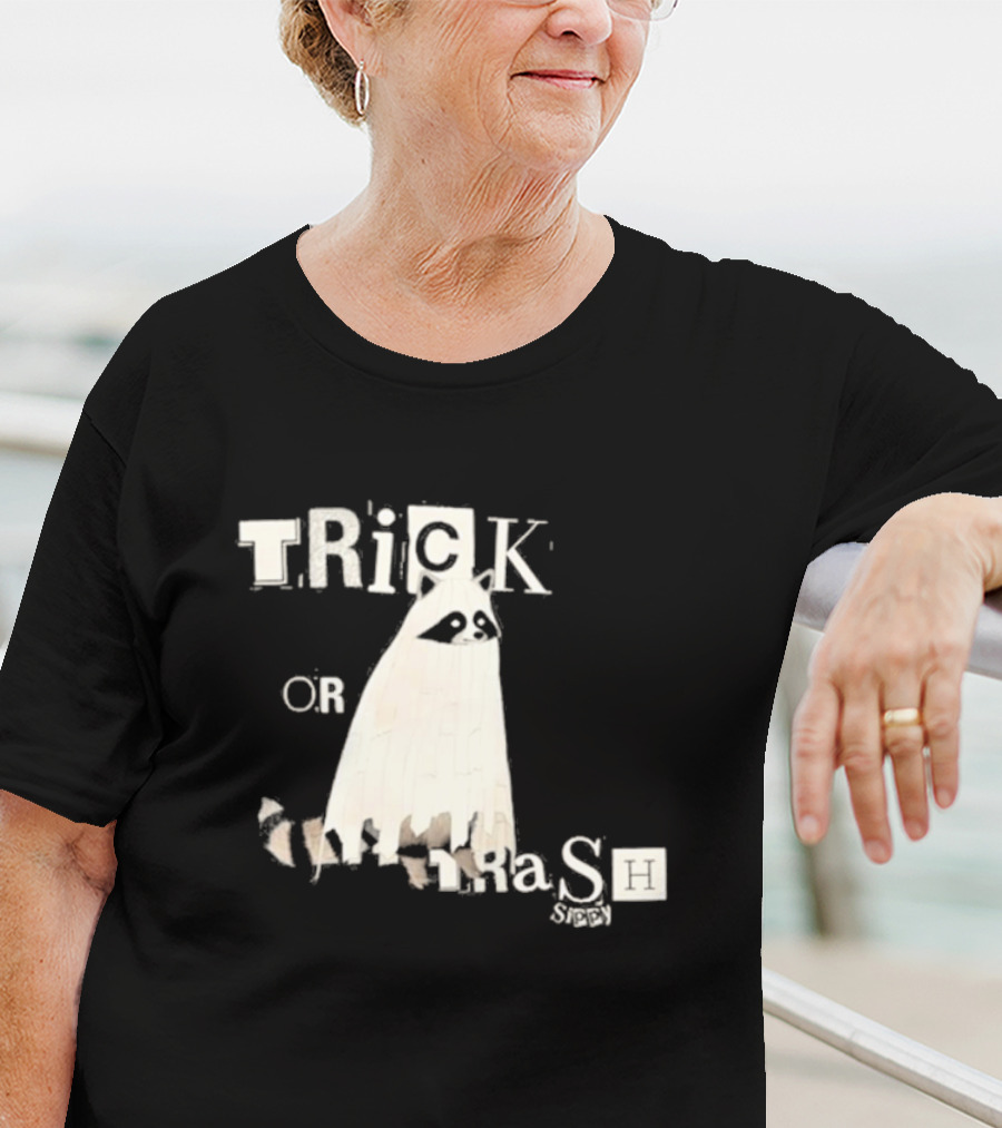 TRICK OR TRASH SIPPY Black Raccoon Ghost Costume T-Shirt