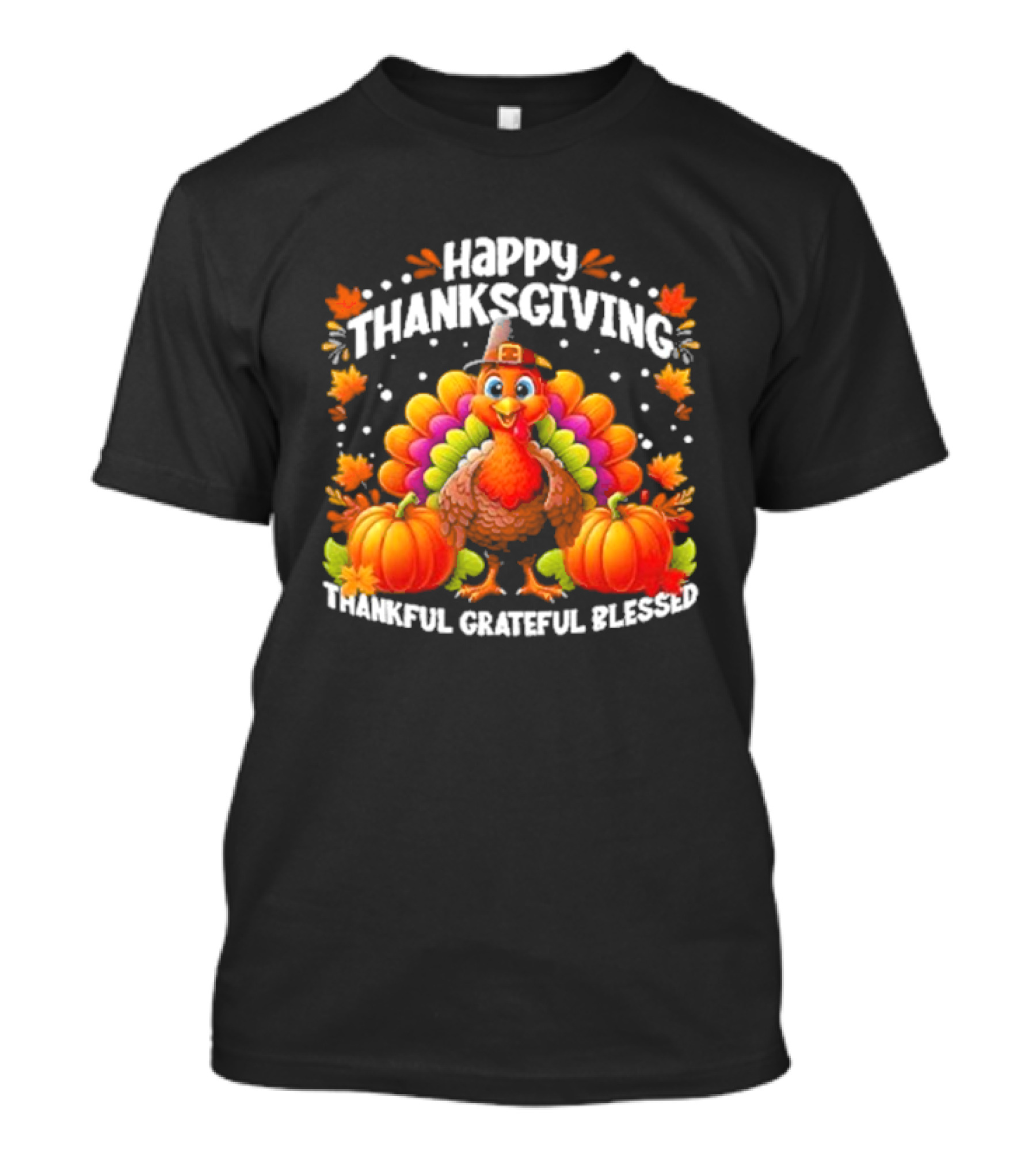 Happy Thanksgiving Turkey Thankful Grateful Blessed With Pumpkins And Autumn Leaves T-Shirt