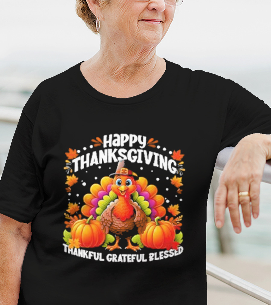 Happy Thanksgiving Turkey Thankful Grateful Blessed With Pumpkins And Autumn Leaves T-Shirt