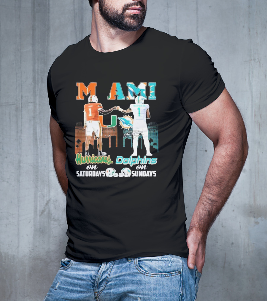 Miami Hurricanes On Saturdays Dolphins On Sundays T-Shirt