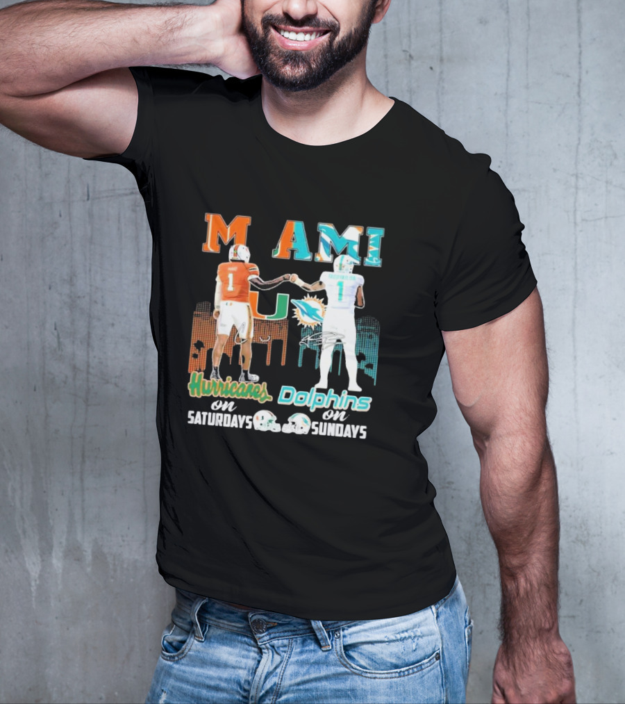 Miami Hurricanes On Saturdays Dolphins On Sundays T-Shirt