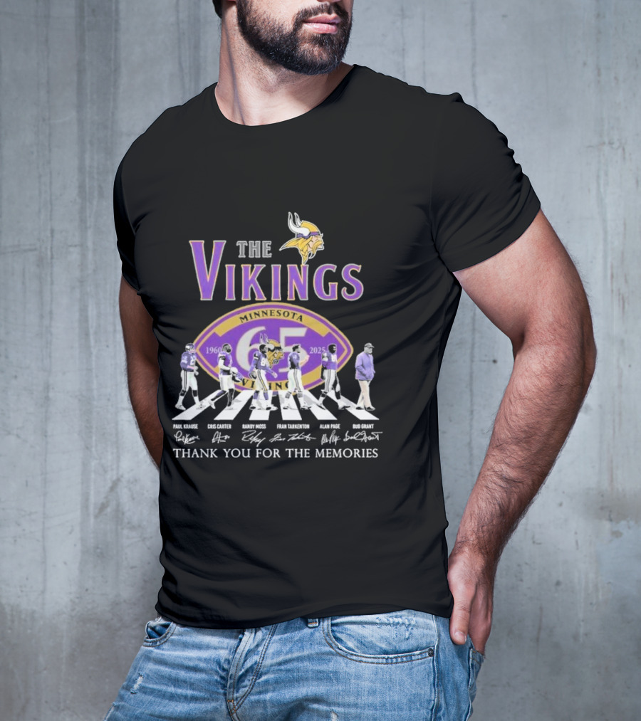 Minnesota Vikings Thank You For The Memories 1960-2025 Paul Krause Chris Carter Randy Moss Fran Tarkenton Alan Page Bud Grant T-Shirt
