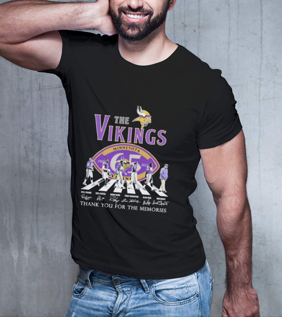 Minnesota Vikings Thank You For The Memories 1960-2025 Paul Krause Chris Carter Randy Moss Fran Tarkenton Alan Page Bud Grant T-Shirt
