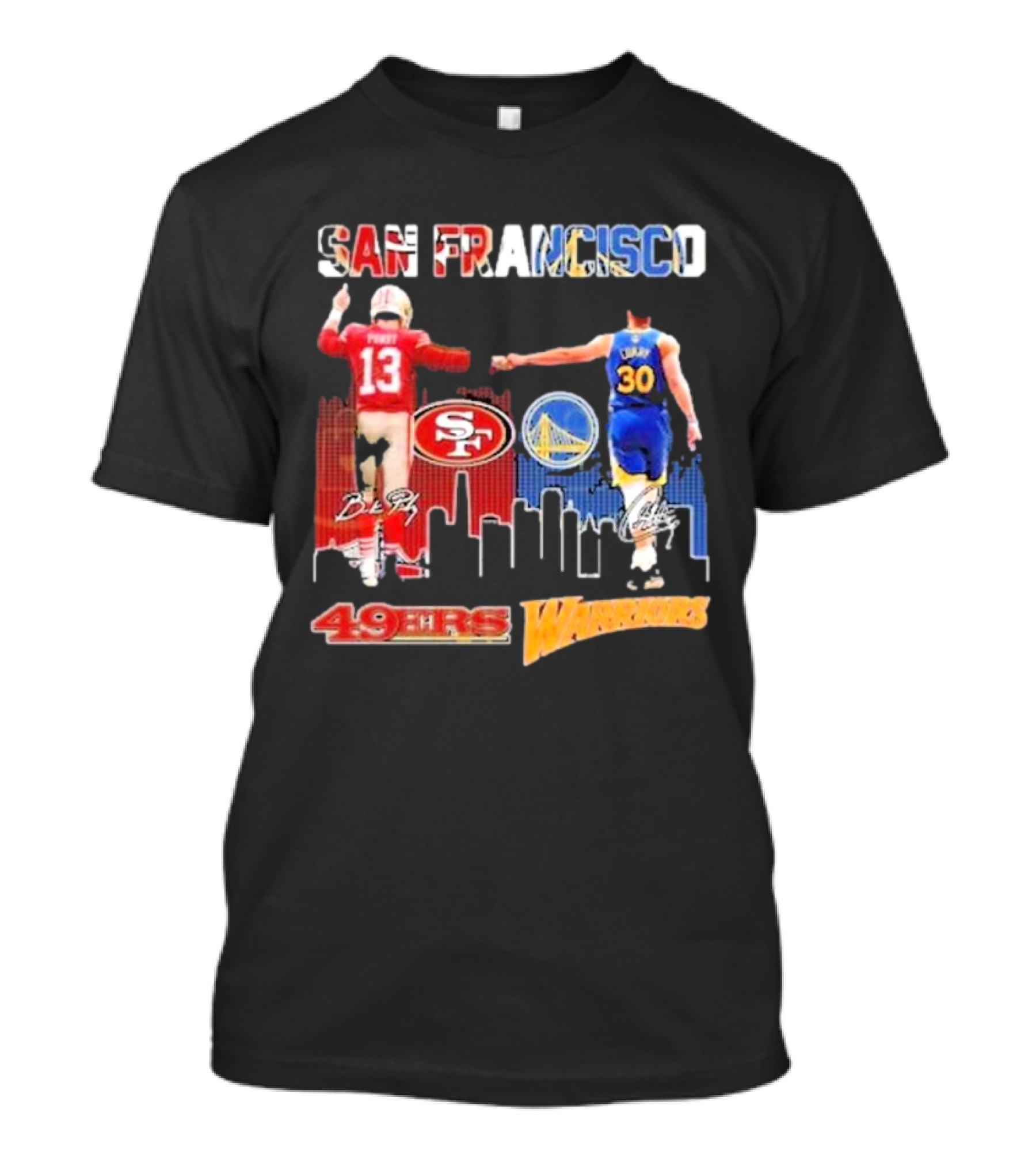 San Francisco 49ers Golden State Warriors Signatures With San Francisco Skyline T-Shirt