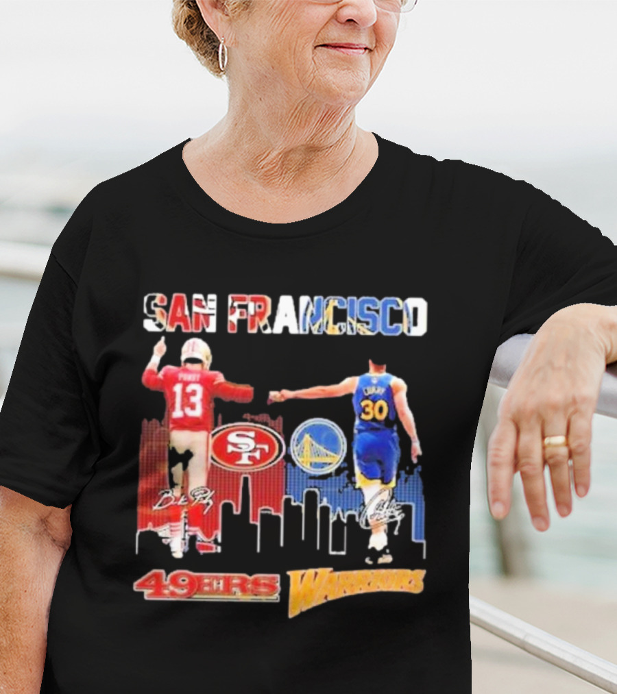San Francisco 49ers Golden State Warriors Signatures With San Francisco Skyline T-Shirt