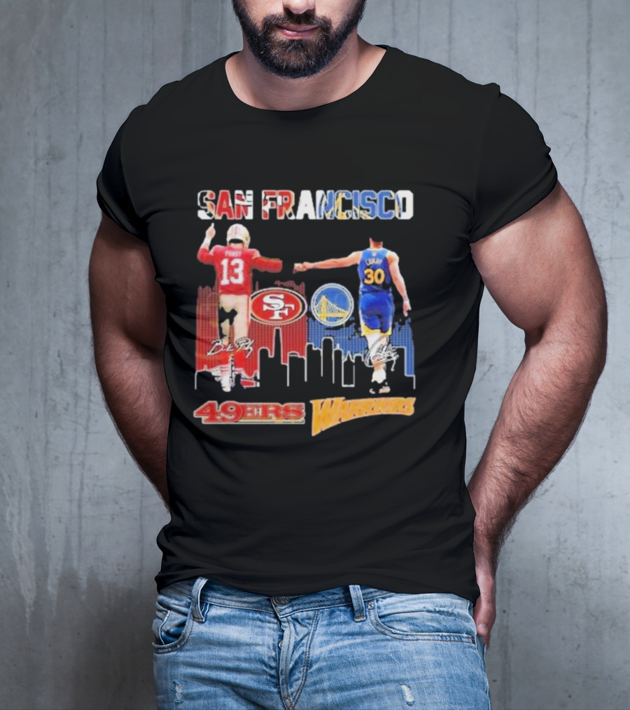 San Francisco 49ers Golden State Warriors Signatures With San Francisco Skyline T-Shirt