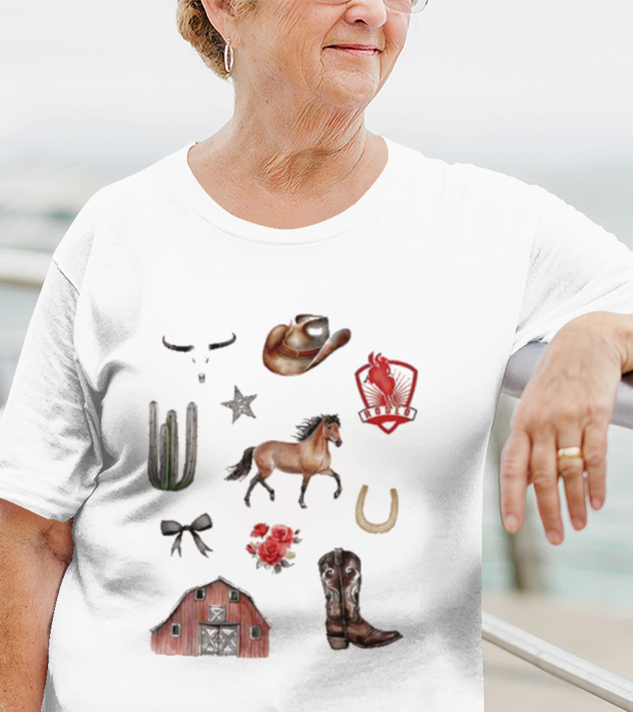 Books With Jess Cowboy Chestnut Cactus Horse Barn Boots Rose Rodeo Badge Hat Skulls Star Horseshoe T-Shirt