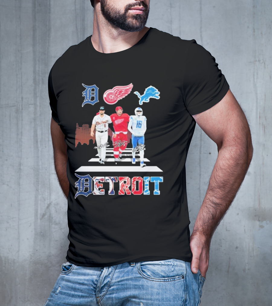 Detroit Lions Tigers Red Wings Legends Crossing Detroit T-Shirt
