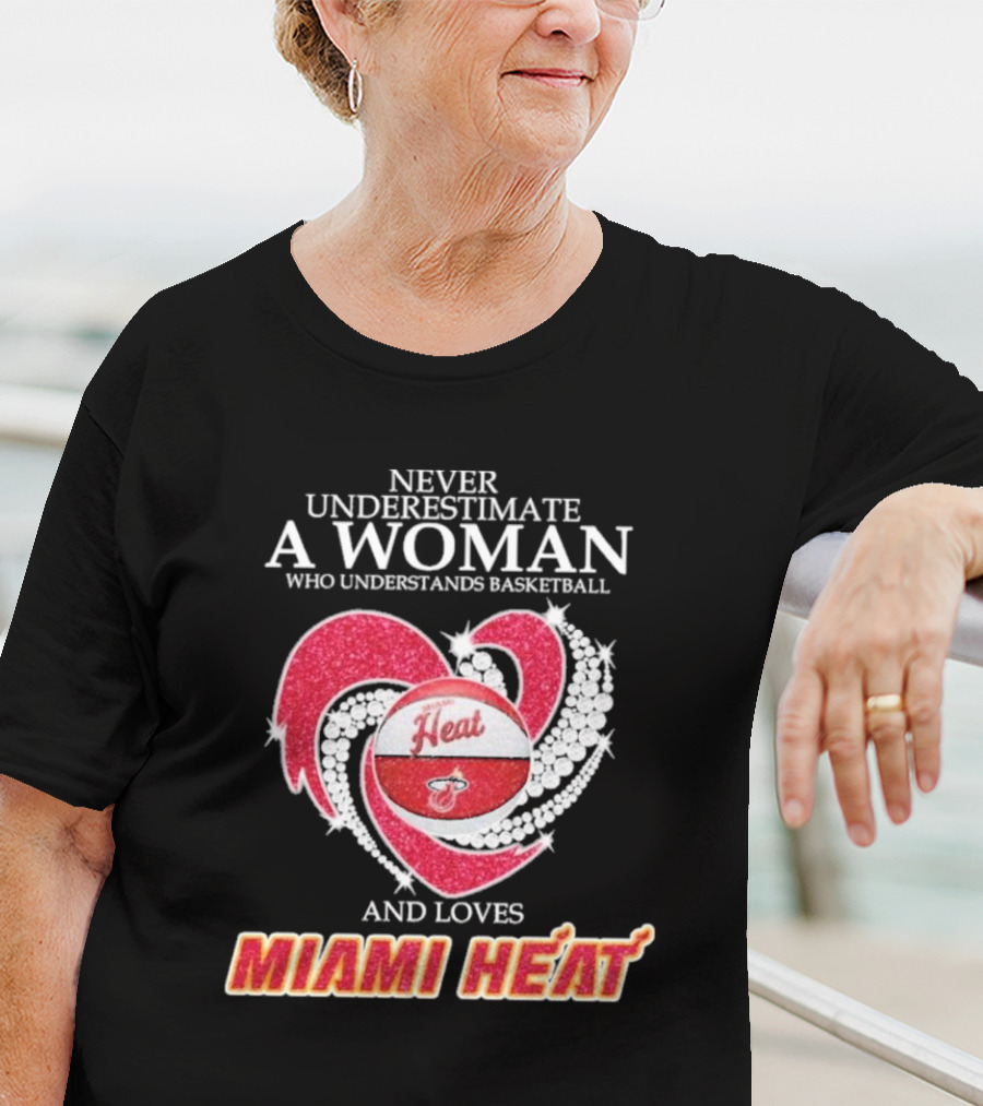 Never Underestimate A Woman Who Understands Basketball And Loves Miami Heat With Red Heart And Basketball T-Shirt