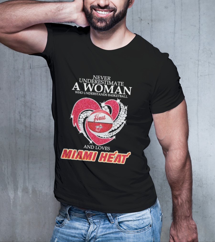 Never Underestimate A Woman Who Understands Basketball And Loves Miami Heat With Red Heart And Basketball T-Shirt