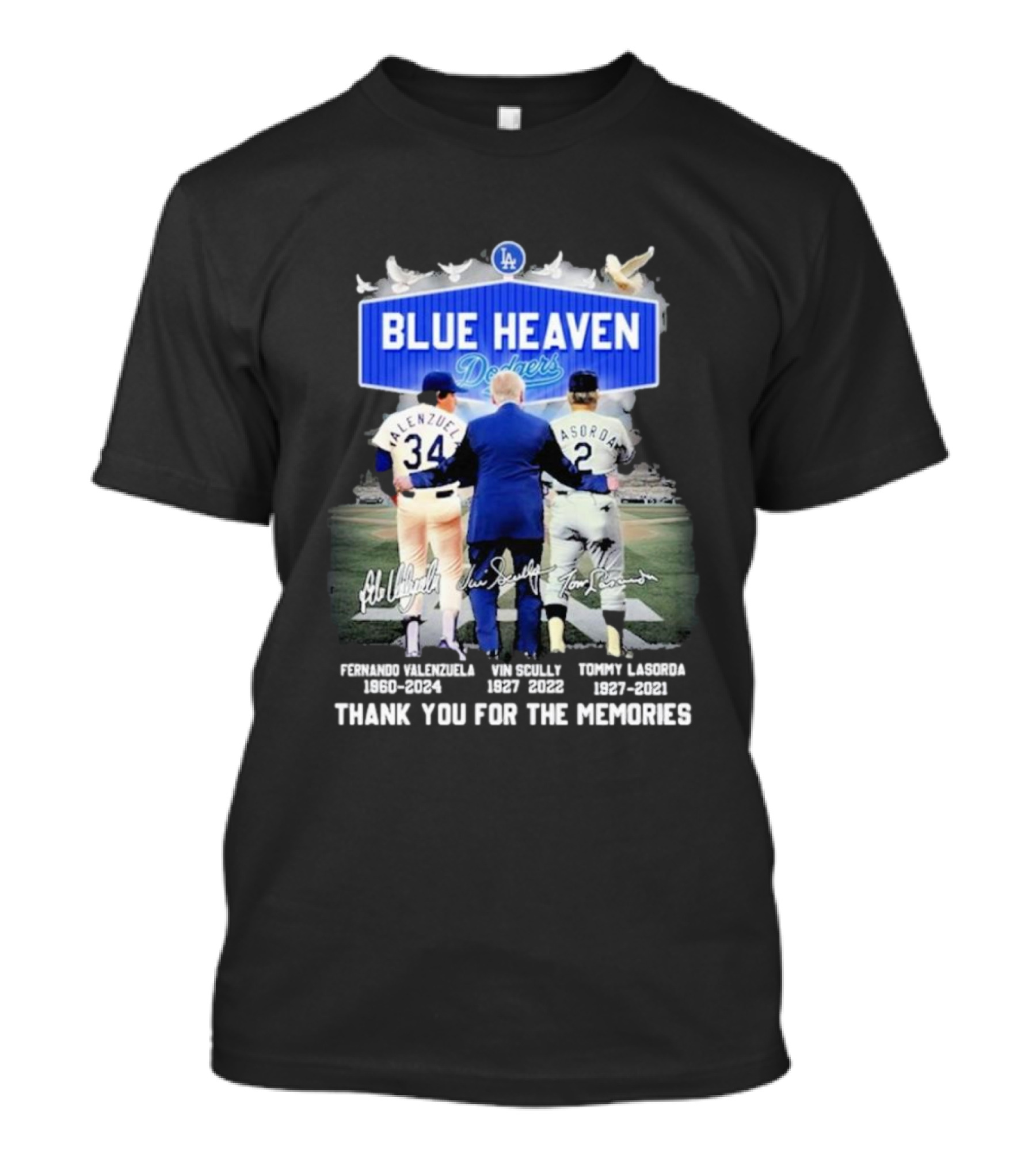 Blue Heaven Dodgers Thank You For The Memories Fernando Valenzuela Vin Scully Tommy Lasorda T-Shirt