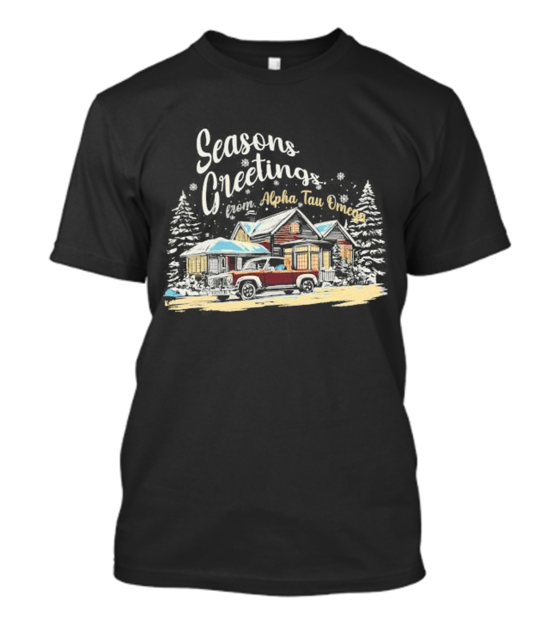Seasons Greetings From Alpha Tau Omega Vintage Cabin And Classic Car Winter Scene T-Shirt