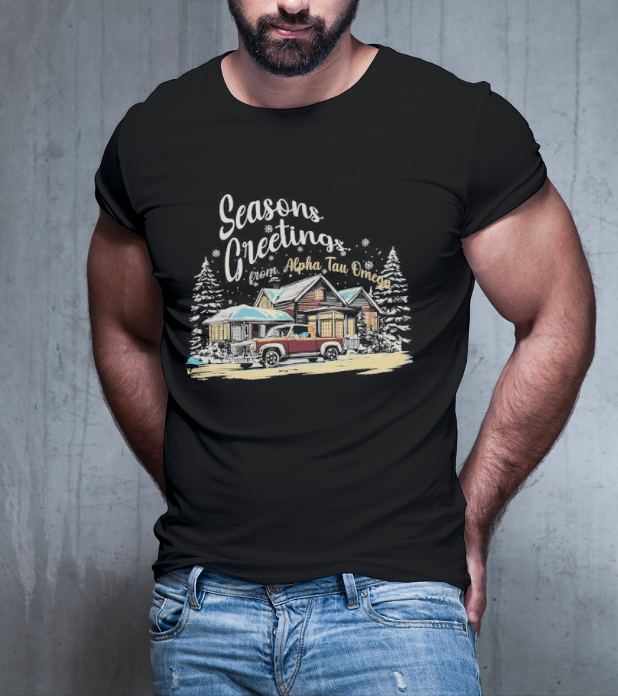 Seasons Greetings From Alpha Tau Omega Vintage Cabin And Classic Car Winter Scene T-Shirt
