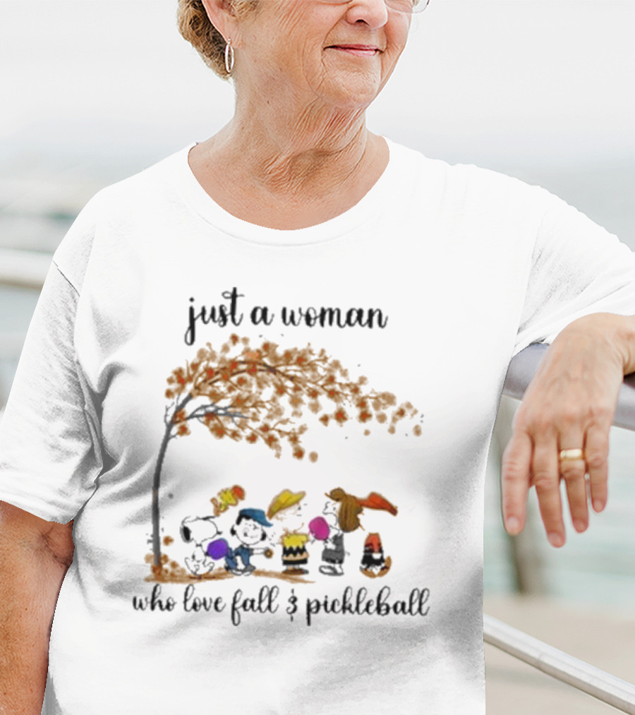 Just A Woman Who Loves Fall And Pickleball With Snoopy And Friends Under Autumn Tree T-Shirt
