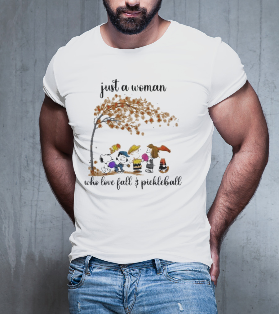 Just A Woman Who Loves Fall And Pickleball With Snoopy And Friends Under Autumn Tree T-Shirt