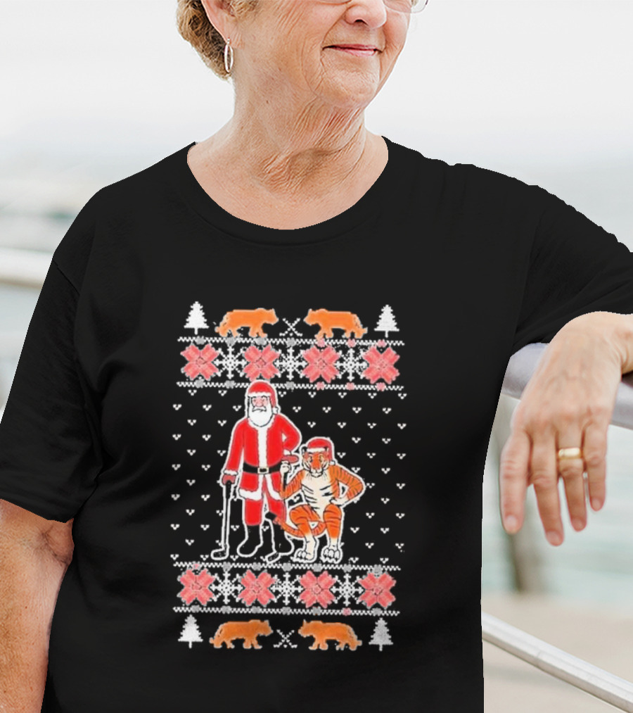 Golf Santa Tiger Vision Ugly Christmas T-Shirt