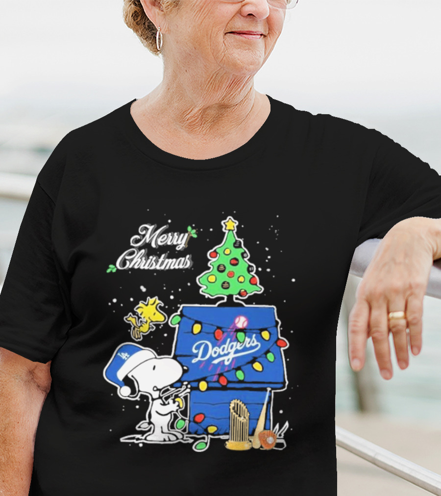Merry Christmas Snoopy Los Angeles Dodgers Tree Lights Woodstock T-Shirt