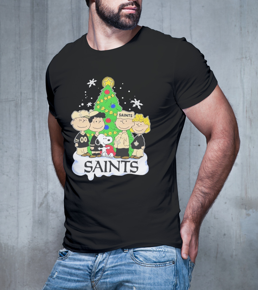New Orleans Saints Snoopy Christmas Tree Peanuts Characters Snowflakes T-Shirt