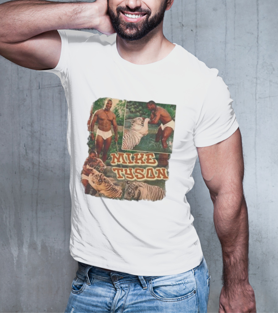 Mike Tyson With Tigers Vintage 90s Style Collage T-Shirt
