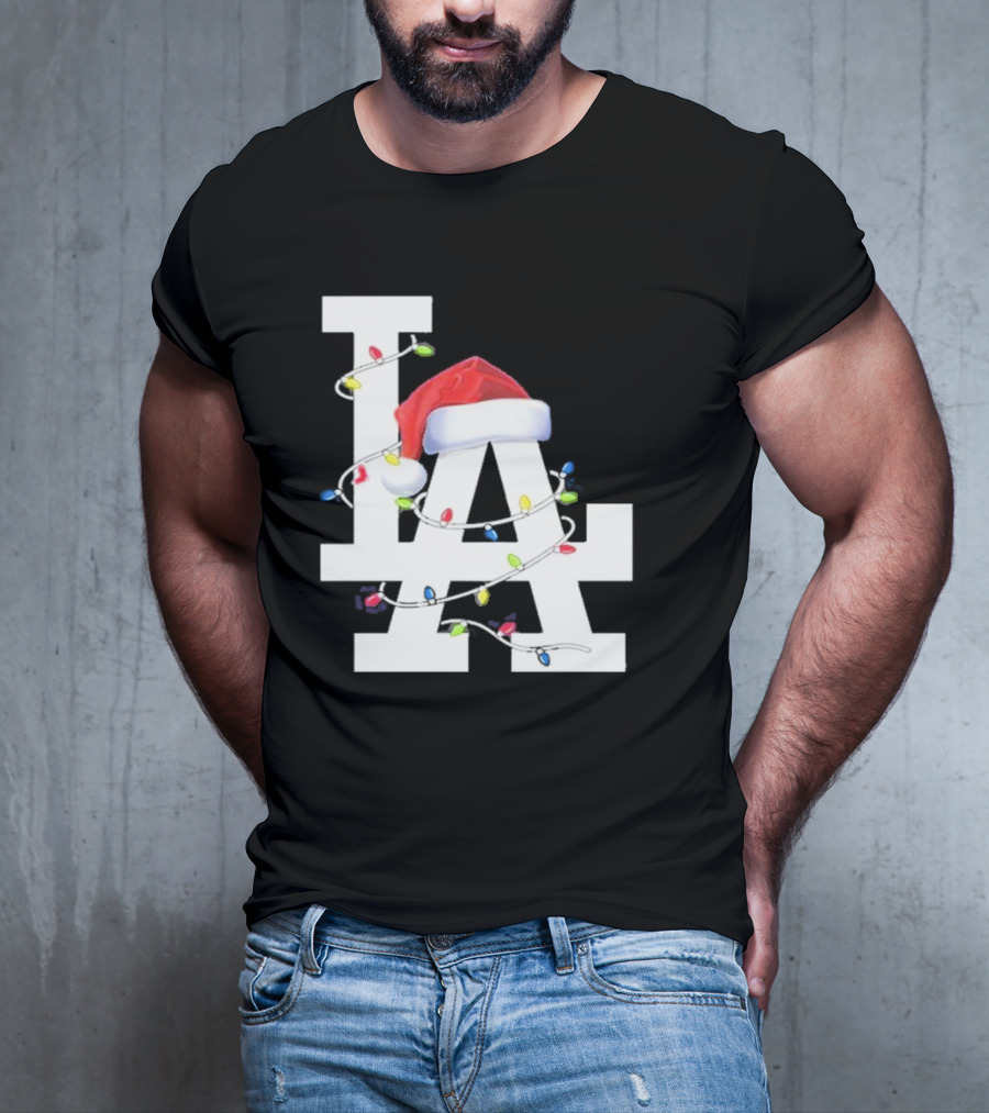 Los Angeles LA Merry Christmas Santa Hat Lights Holiday 2D T-Shirt